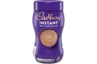 Cadbury Instant Hot Chocolate powder in a mug with whipped cream